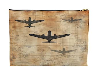 Vintage Flight Map Airplane Pouch - WWII Plane Zipper Bag