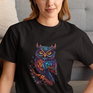 Colorful Owl Shirt, Owl Lover Gift, Vibrant Owl Tee, Cotton Tee for Animal & Nature Lovers, Animal Art Shirt, Colorful Bird T-shirt