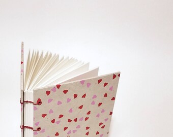 red and pink hearts coptic bound writing journal - I love you notebook - first anniversary book - paper anniversary - engagement book