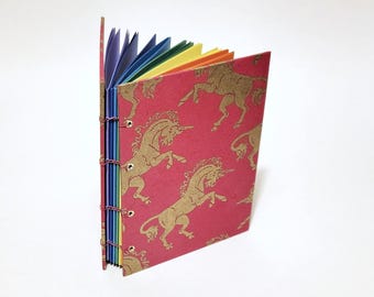 RAINBOW PAGE pink with gold unicorns journal - unicorn notebook - pink and gold sketchbook - unicorn gift - unicorn sketchbook