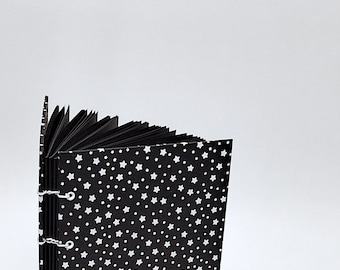 black with white stars journal - black page journal - black paper notebook - art sketchbook - gift for artist - star notebook - layflat book