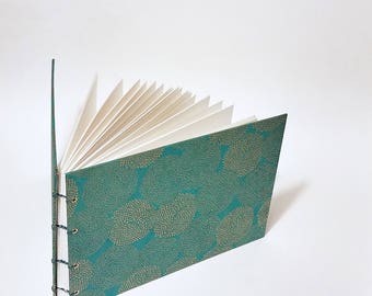 teal with gold mums coptic bound wedding guest book - teal wedding decor - small wedding guest book - hand bound teal wedding guest book