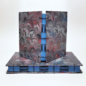 blue peacock marbled journal - blue notebook - blue page sketchbook - coptic bound journal - hand bound notebook - handmade sketchbook