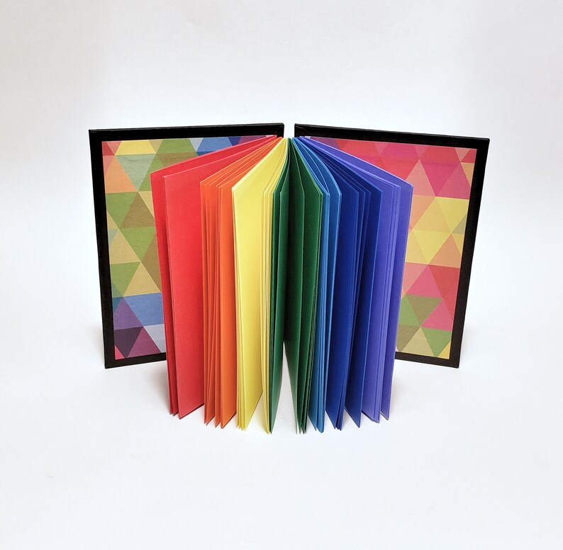 May include: A rainbow-colored notebook with a geometric pattern on the cover. The notebook is open and the pages are fanned out.