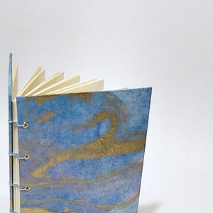 blue, periwinkle, and gold marbled journal - marbled notebook - marbled sketchbook - coptic bound journal - hand bound notebook - handmade