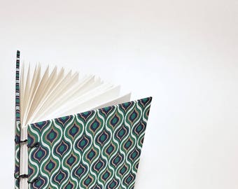 abstract peacock feathers coptic bound writing journal - A5 notebook - cute drawing sketchbook - hand bound book - blue green notebook