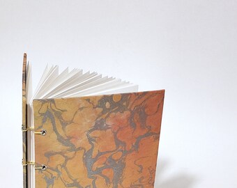 yellow, orange, and silver marbled journal - bright marbled notebook - coptic bound journal - hand bound notebook - handmade sketchbook