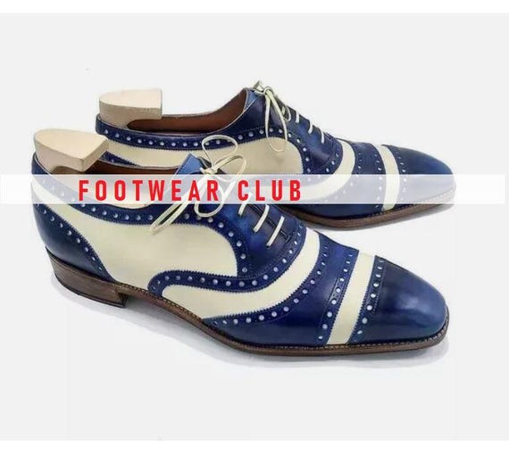 Handmade Leather Oxford Shoes: Blue & White Formal Dress Shoes