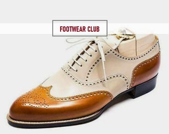 Maßgeschneiderte Herren Handgefertigter zweifarbiger Oxford Brogue Schuh aus Tan und Cremeleder, Herren Anziehformaler Schuh, Business Schuh Stilvoller Party Wear Schuh,