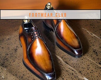 Handmade Tan Leather Derby Shoes: Men's Lace Up Dress Shoes