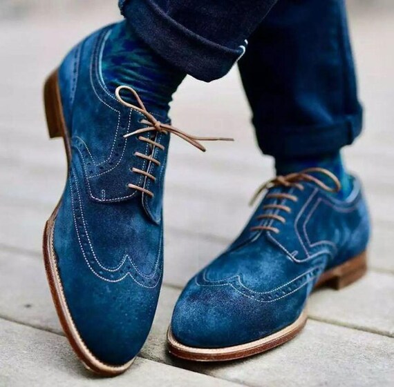 Bespoke Handmade Blue Suede Leather Brogue Formal Lace up  display picture 3