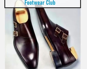 Handgemachte Burgunder Leder Doppel Monk Strap Dress Schuhe