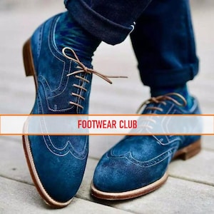 Bespoke Handmade Blue Suede Leather Brogue Formal Lace Up Derby Shoes For Men&#39;s