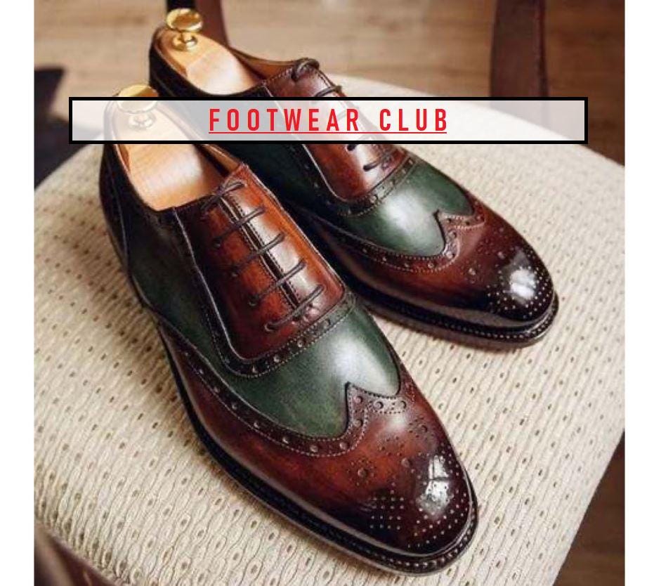 Handgefertigte zweifarbige Herrenschuhe | Maßgeschneiderte echtes Leder Wingtip Braun & Grün italienisches Lederschuh | Schnürschuh im Oxford Style für Ihn