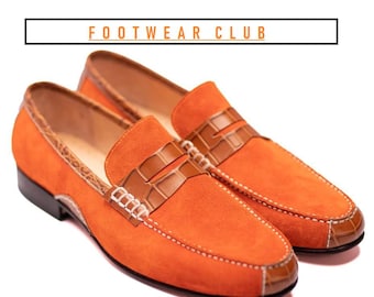 Mocasines de ante naranja hechos a mano: zapatos de vestir formales sin cordones