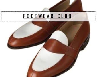 Handgefertigte zweifarbige Leder Penny Loafers: Herrenkleid Schuhe