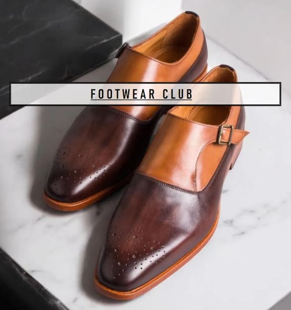 Handmade Two-Tone Leather Monk Strap Shoes: Formal Dress Wear
