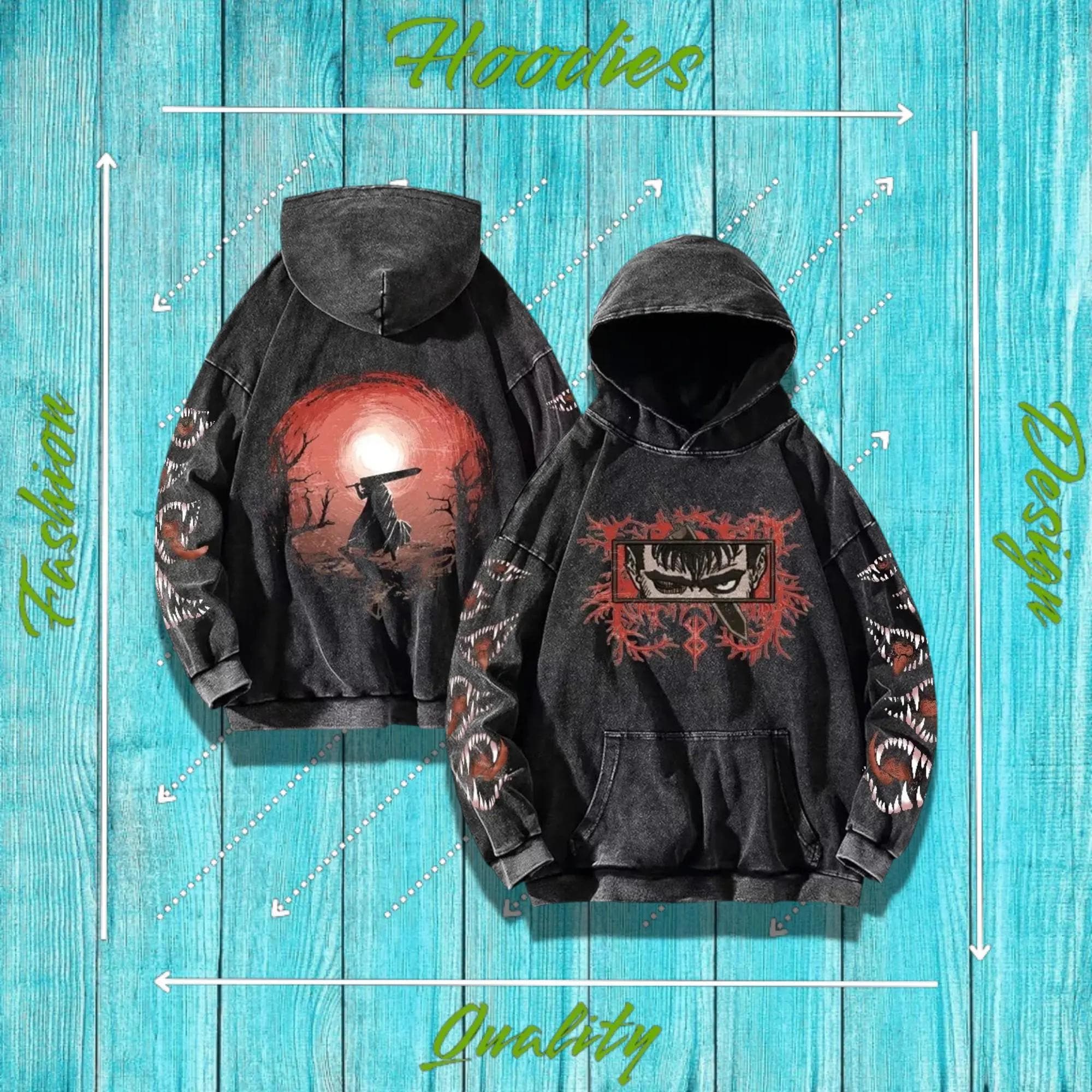 Anime Hoodie | Guts Berserk Hoodie | Manga-Inspired Clothing | 100% Cotton | Black and Red | Best Gift | Valentine's Day | Multiple Designs