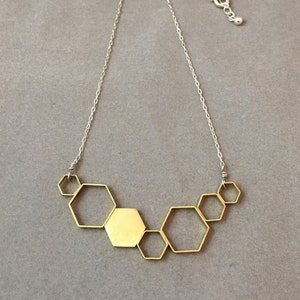 Gold Tone Brass & Sterling Silver DNA / Hexagon Necklace