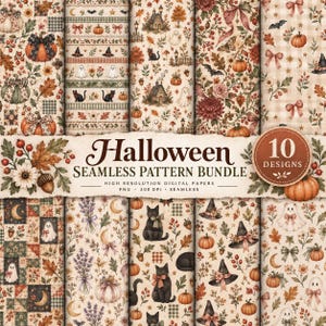 Puede incluir: Un paquete de patrones digitales sin costuras para Halloween con 10 diseños que incluyen motivos de calabazas, gatos negros, fantasmas, sombreros de bruja, hojas de otoño y elementos florales en una paleta de colores cálidos.