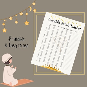 Può includere: Tracker mensile di Salah stampabile con un design bianco e oro. Il tracker ha una sezione per ogni giorno del mese e colonne per Fajr, Dhuhr, Asr, Maghrib, Isha e Tahajjud. C'è anche una sezione per le note. Il tracker è decorato con una luna crescente, stelle e un paio di mani che tengono i grani di preghiera.