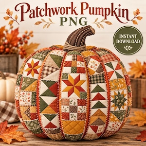 May include: A decorative pumpkin featuring a patchwork design with various fabric squares in shades of orange, red, green, and yellow. The pumpkin has a brown textured stem and is adorned with stitched patterns including stars and floral motifs.