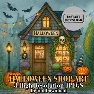 Halloween Shop Digital Prints | 10 High-Res Watercolor JPEGs | Junk Journaling, Scrapbooking & Printable Wall Art