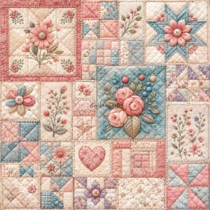 May include: A patchwork quilt with a floral theme. The quilt features squares with floral and geometric patterns in shades of pink, blue, and cream. Some squares have appliqued flowers and button details. The overall design is a mix of traditional and modern quilting techniques.