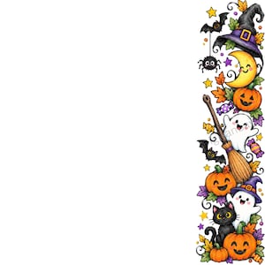 Peut inclure: Une bordure verticale illustrée avec des motifs d'Halloween comprenant un chapeau de sorcière violet, un croissant de lune jaune souriant, des citrouilles orange, des fantômes blancs, un chat noir, des chauves-souris, une araignée et des bonbons.