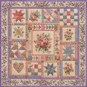 May include: A square fabric quilt featuring a central floral bouquet surrounded by patchwork blocks in shades of pink, blue, and cream. The quilt is bordered by a purple floral print and accented with small, colorful buttons at the block intersections.
