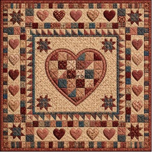 May include: A square quilt featuring a large central heart composed of small patchwork squares in shades of red, blue, and cream. The border includes smaller heart motifs, star patterns, and geometric squares in a repeating color palette.