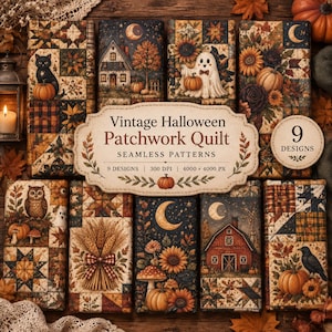 Puede incluir: Una colección de nueve patrones digitales sin costuras con diseños de colchas de patchwork de Halloween vintage, incluyendo motivos de calabazas, gatos negros, fantasmas, búhos, girasoles, graneros y gavillas de trigo, con el texto Vintage Halloween Patchwork Quilt.