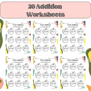 Puede incluir: Un conjunto de 20 hojas de trabajo de suma para niños. Cada hoja de trabajo presenta ilustraciones de manzanas y problemas matemáticos. El título "20 Addition Worksheets" se muestra en la parte superior. Las hojas son educativas.