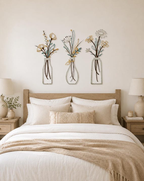 Set of 3 Metal Floral Wall Art, Botanical Vase Decor, Boho Farmhouse Home Accent.