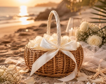 Handwoven Rattan Flower Girl Basket, Wicker Petal Basket with Bow, Rustic Wedding Décor
