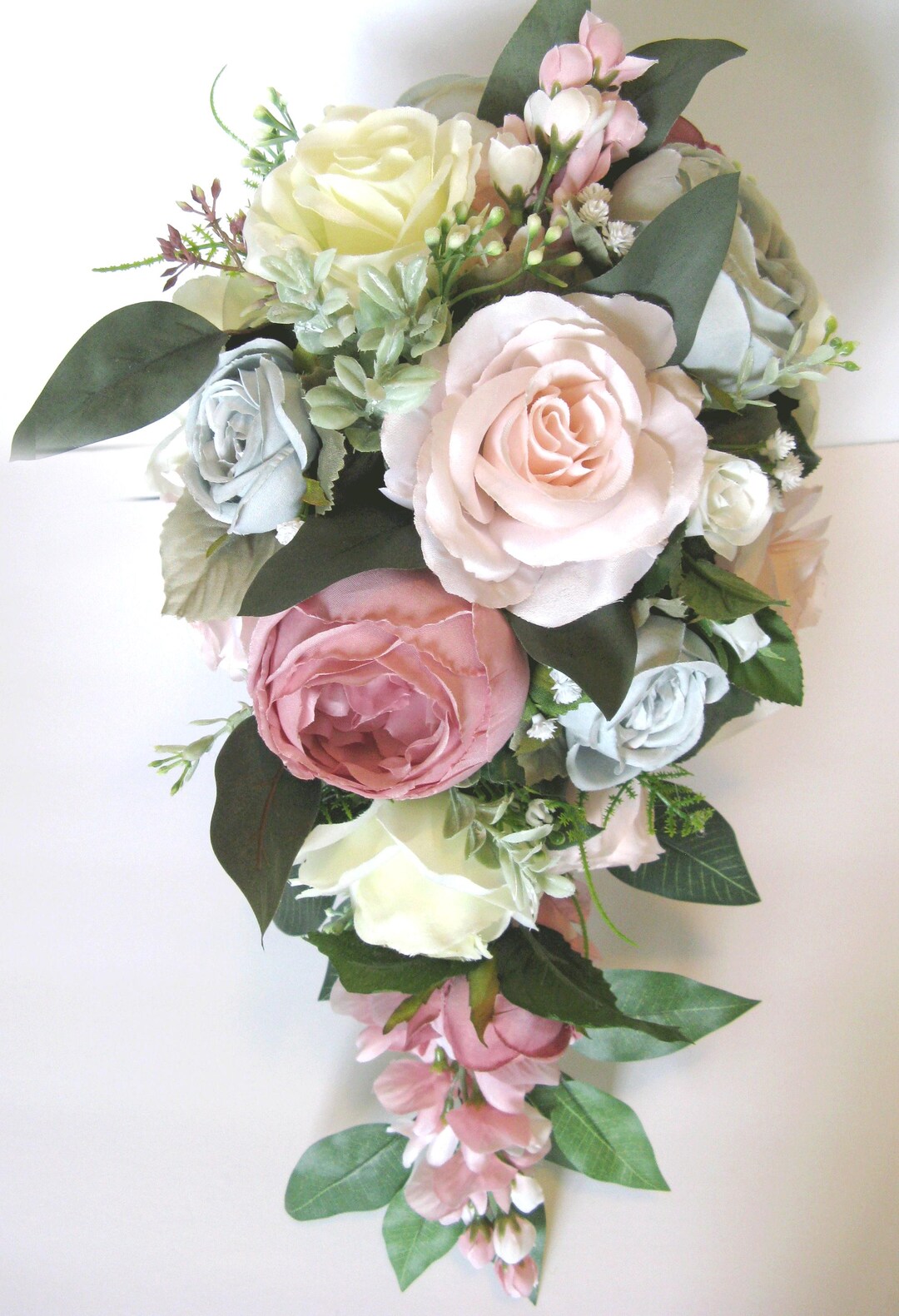 Cascading Faux Bridal Bouquet: Blush Peonies, Peach Roses, Blue Accents ...