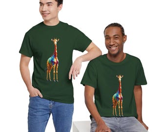 Camiseta unisex con jirafa geométrica, verde bosque, diseño poligonal abstracto, algodón colorido, regalo único para amantes de la naturaleza.