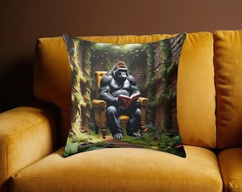 Almohada de lectura de gorila, regalo para amantes de los animales, decoración de vida silvestre, cojín inspirado en los libros de la jungla, decoración única para el hogar