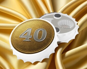 Abridor de botellas magnético de oro y plata para 40.º cumpleaños, diseño de tapa de botella para celebrar aniversario, regalo único para el 40.º aniversario.