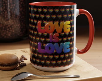 Taza de café Rainbow Pride: LGBTQ+ Love is Love Heart Pattern