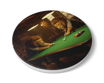 Posavasos de cerámica con leones jugando al billar: decoración divertida para bar