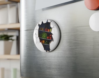 Imán surrealista para puerta de refrigerador con agujero, diseño de comida saludable, decoración caprichosa para el refrigerador, imán redondo, arte para refrigerador, imán de cocina.