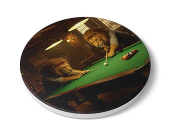 Posavasos de cerámica con leones jugando al billar, decoración única y original para bar, posavasos de pub divertidos y originales, portavasos con humor para amantes de los animales.