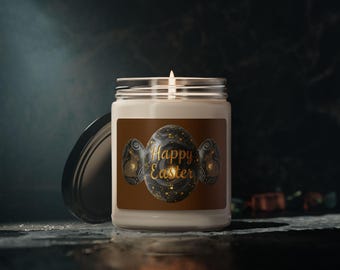 Vela de soja de Pascua: detalles dorados, texto manuscrito y decoración sofisticada