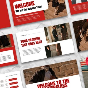 May include: A presentation slide deck with a red and white color scheme. The text on the slides includes "Welcome", "We are the Avignon Team", "Expert in Life and Business Coaching", "Your Headline Text Goes Here", "Course Outline - 2", "Our Story", "How It All Started", and "Welcome to the Masterclass".