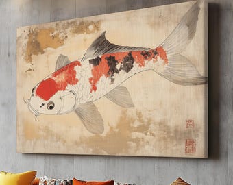 Gyotaku Fish Print, Japanese Woodblock Art, Koi Fish Wall Art, Unique Home Décor, Wall Art Print for Ocean Lovers, Retro Fish Canvas Art
