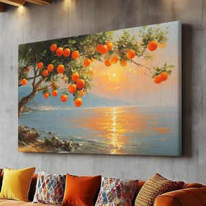 May include: A large canvas art print depicts an orange tree laden with fruit, overlooking a tranquil sea at sunset. The artwork hangs above an orange velvet sofa with decorative pillows, creating a warm and inviting living space.