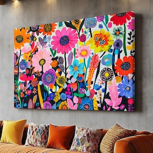 Yayoi Kusama Floral Print Inspired Art Abstract Botanical Poster Japandi Decor Large Framed Canvas Living Room Wall Art Colorful Modern Art