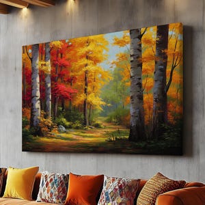 Autumn Forest Oil Painting Wall Art, Colorful Birch Tree Landscape Canvas, Vibrant Fall Foliage Nature Scene, Rustic Woodland Art Home Decor