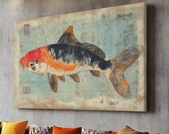 Gyotaku Fish Print, Japanese Woodblock Art, Koi Fish Wall Art, Unique Home Décor, Wall Art Print for Ocean Lovers, Retro Fish Canvas Art